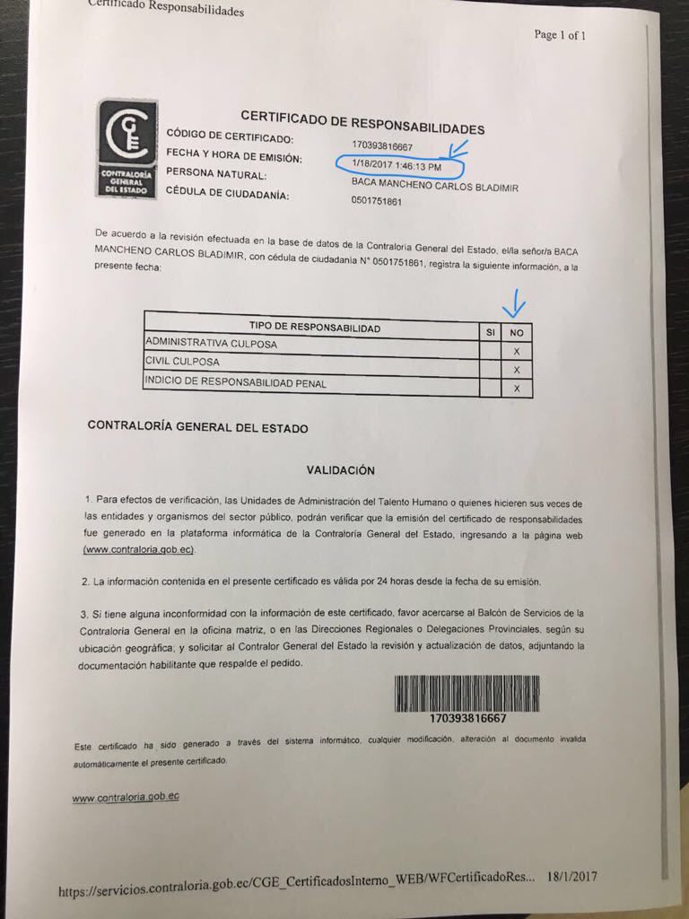 El certificado emitido por la Contraloría donde dice que Baca no tiene informes con indicios de responsabilidad penal