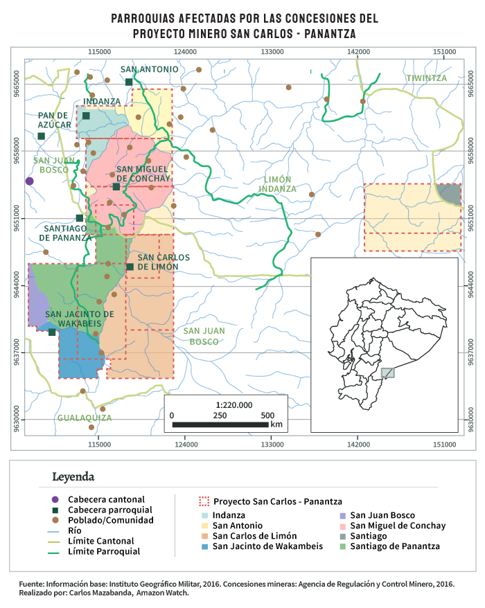 Parroquias afectadas por proyecto minero San Carlos - Panantza