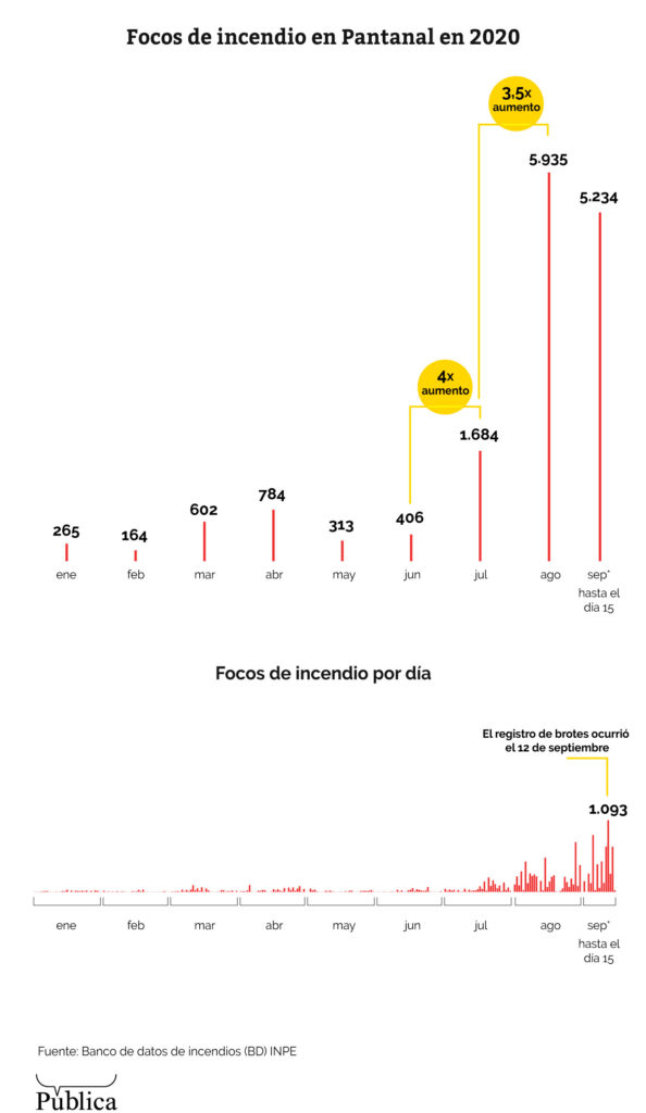 Focos de incendios en pantanal en 2020