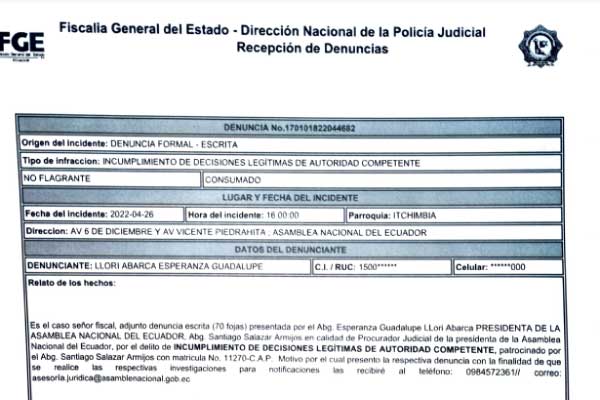  Guadalupe Llori denunció a la Asamblea