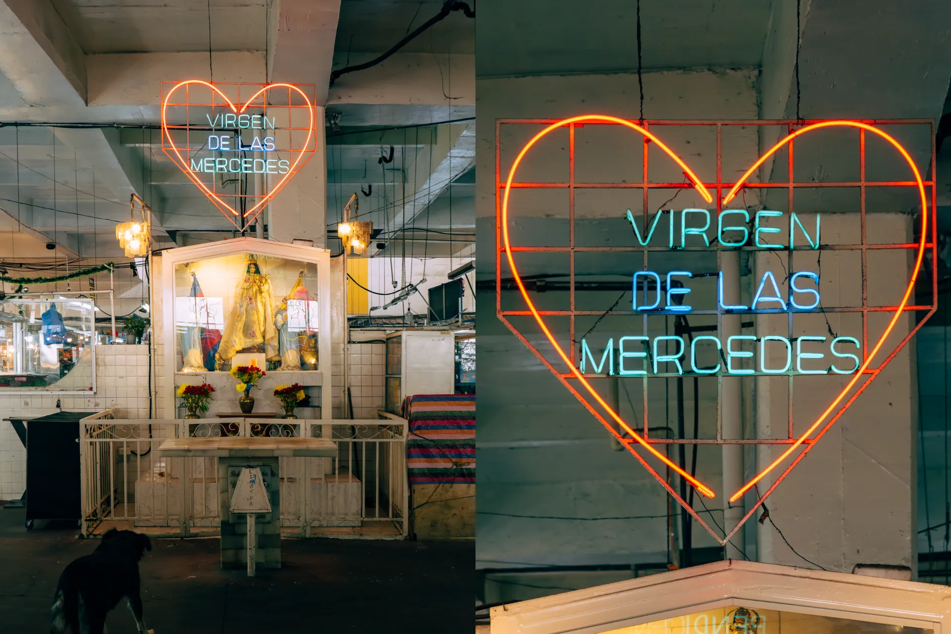Altares en mercados de Quito: en San Roque se miran el altar de la Virgen de las Mercedes con el de la Dolorosa