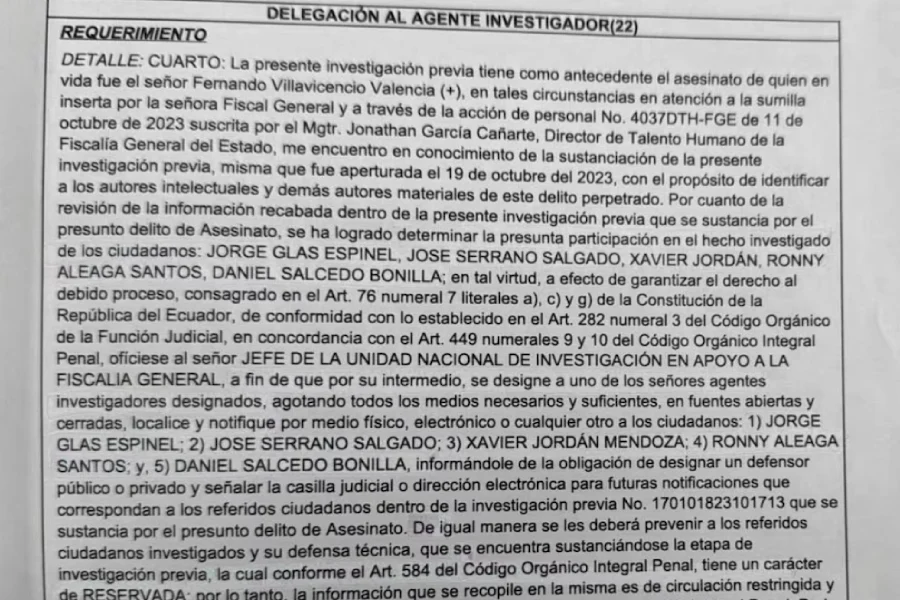 Documento de la Fiscalía que se filtró sobre la investigación previa del crimen de Fernando Villavicencio. 