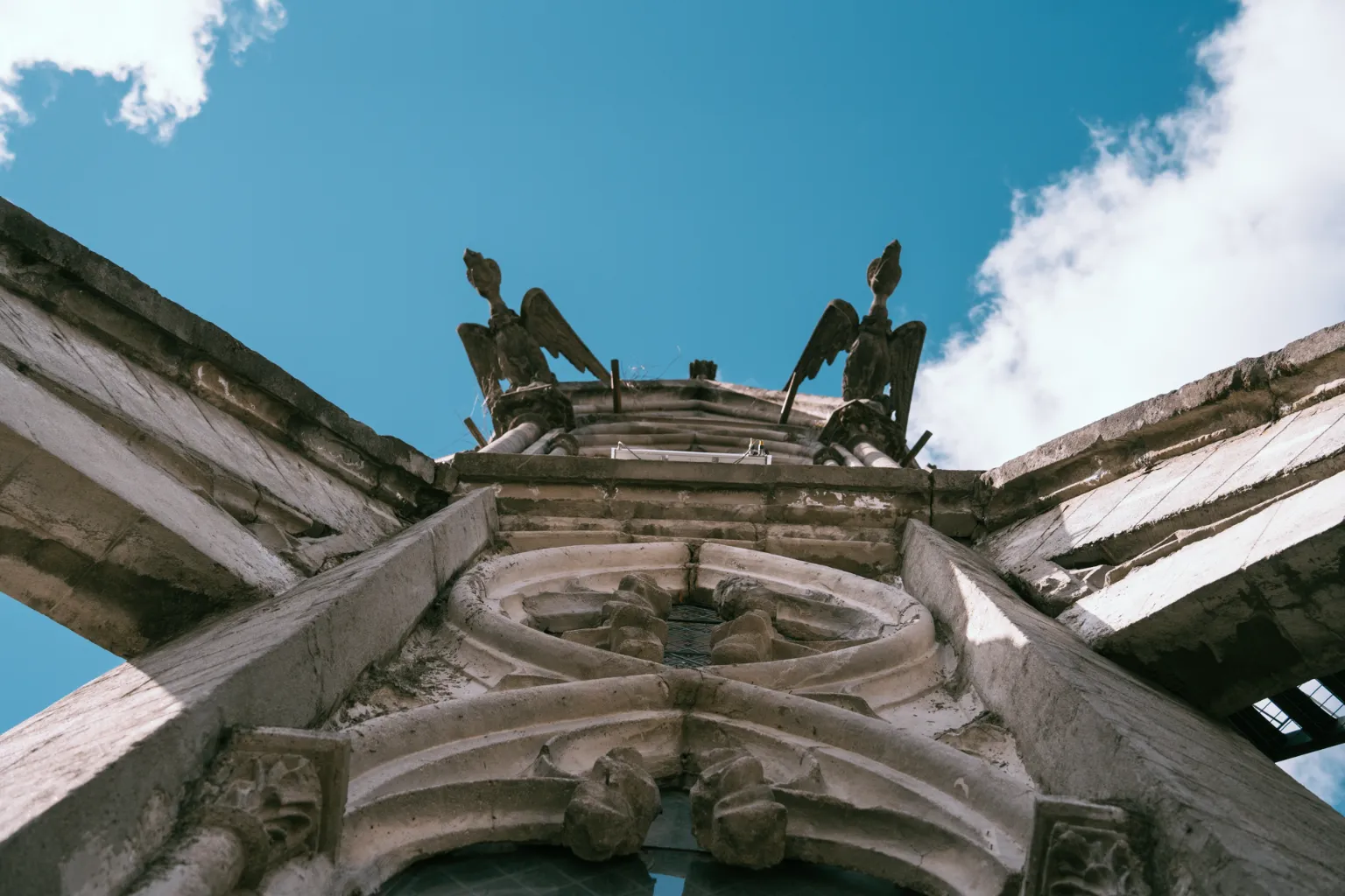 Dos cóndores entre las gárgolas de la Basílica del Voto Nacional